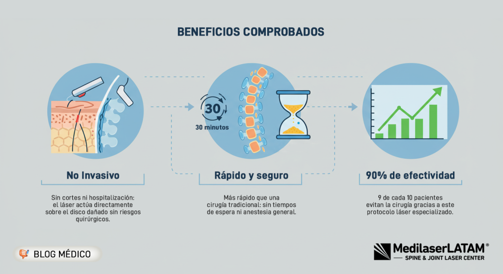Beneficios del láser para columna: 90% efectividad sin cirugía. Técnica avalada por FDA y DIGEMID. 12 años de experiencia.